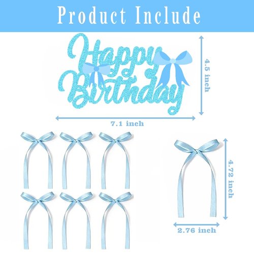 11 Pcs Blue Bow Cake Toppers, Happy Birthday Sign, 10Pcs Ribbion Bow Cupcake Toppers for Blue Bow Birthday Decorations, Baby Shower, Bridal Shower, Graduation Party