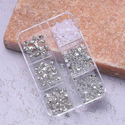 LYLYNB 3D Metal Bow Nail Charms with Pearls and Rhinestones - 6 Grid Box