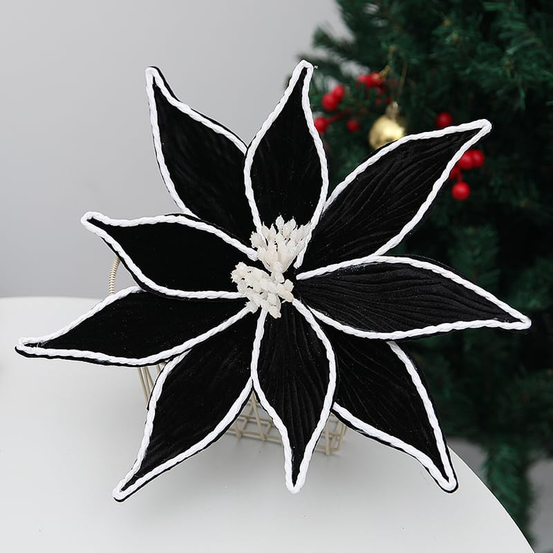Artificial Black Poinsettia Flowers - 11 Inch Holiday Christmas Decor, Set of 4