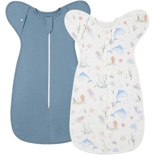 ANYEDDE 2-Pack Arms Up Swaddle - Breathable Newborn Sleep Bags with Removable Cuffs | 0-3 Months, Blue Dolphin