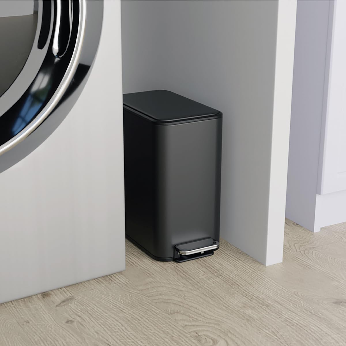 Glad Slim Bathroom Trash Can - Small Garbage Pail with Soft Close Lid & Step Foot Pedal | Narrow Black Metal Waste Basket with Removable Inner Bucket, 2.6 Gallon