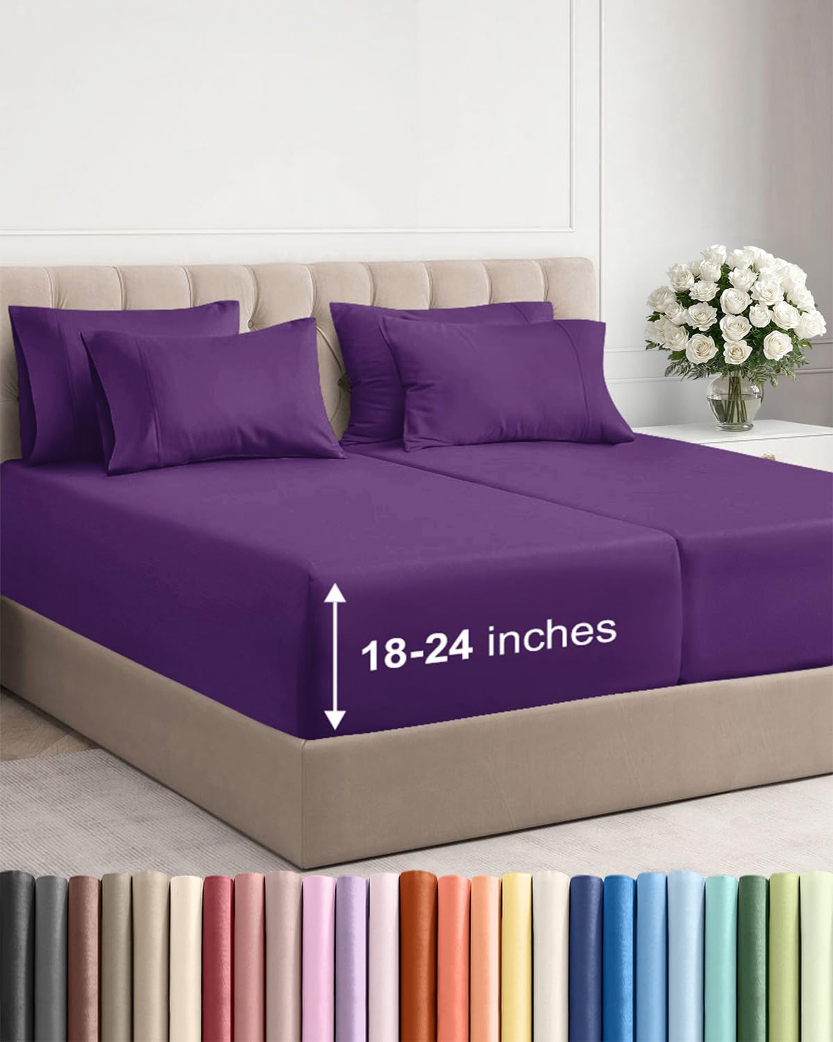 Skiennix Extra Deep Split King Sheet Set | 7-Piece Breathable Cooling Bedding - Soft, Wrinkle-Free - Purple