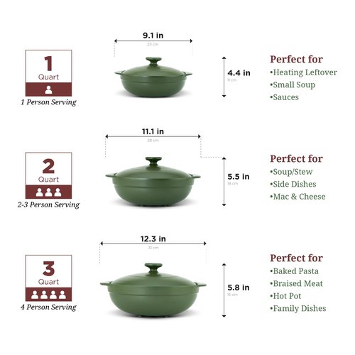 MINH LONG 1-Qt Porcelain Dutch Oven with Lid – Lead & Cadmium Free, Oven Safe to 482°F, Heat Retention, Clay Pot for Cooking on Gas & Infrared Cooktop, Use to Marinate, Cook, Bake, Refrigerate & Serve