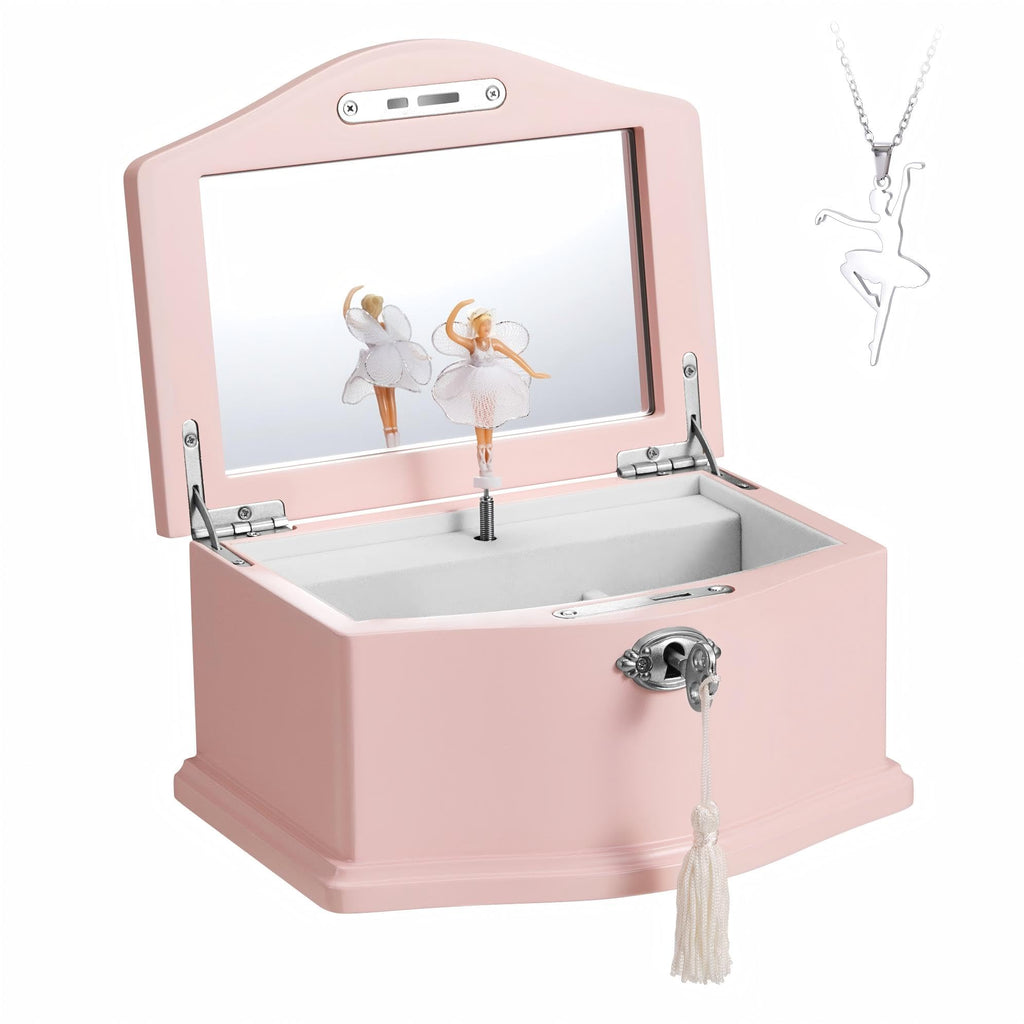 Lihou PapaQ Pink Ballerina Musical Jewelry Box for Girls, Wooden Jewelry Storage Chest with Mirror & Lock, Swan Lake Tune Spinning Ballerina Music Box, Ideal Kids Gift for Christmas & Holidays