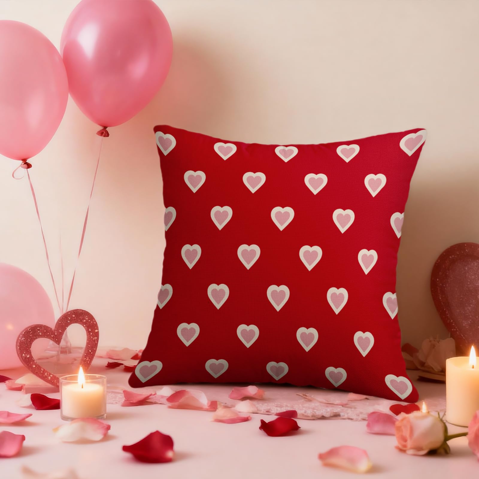 Valentines Day Pillow Covers 18X18 Set of 2, Red Pink Valentine's Print Decorative Throw Pillow Covers Outdoor Farmhouse Holiday Anniversary Wedding Decorations Cushion Case Couch Sofa Bed Decor
