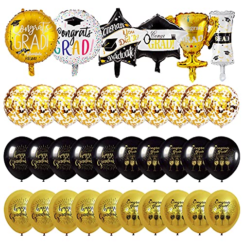 38PCS Graduation Balloons Set - Black & Gold Confetti Decor