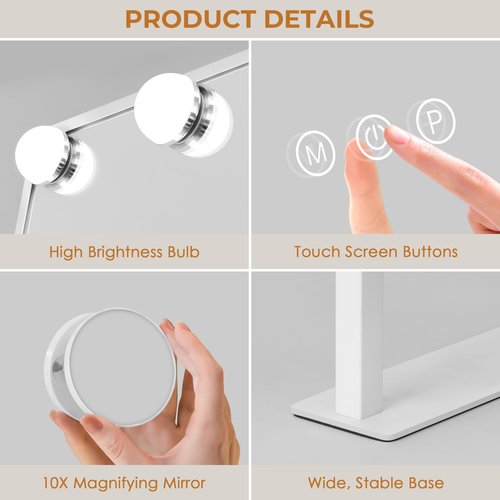 LuxeVue Vanity Mirror with Lights, Makeup Mirror with 3 Lighting Modes, Light Up Mirror with Touch Sensor, AC-Powered, 360 Rotatable, Metal Frame, with Detachable 10X Magnifying Spot Mirro, 14.1"