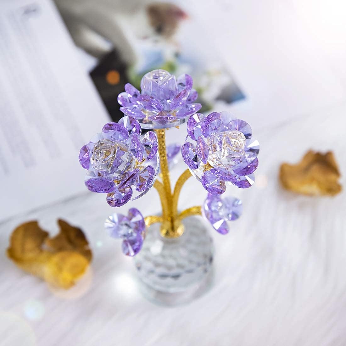 QFkris Purple Crystal Rose Flower Figurine - 6" Collectible Glass Ornament for Home Decor & Gifts