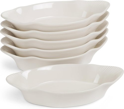Kook Mini Casserole Dishes - Set of 6 Oven & Microwave Safe Ceramic Au Gratin Baking Dishes | 12 oz (Ivory)