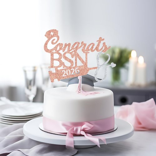 BSN 2026 Cake Topper - Rose Gold Glitter Graduation Decorations for Nurse RN Medical School