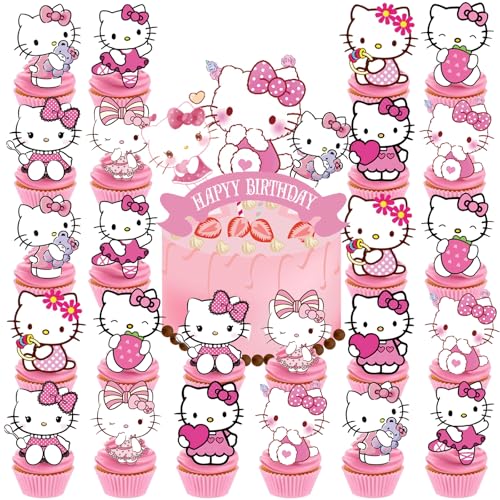 25 Pcs Pink Anime Birthday Cake & Cupcake Toppers Set
