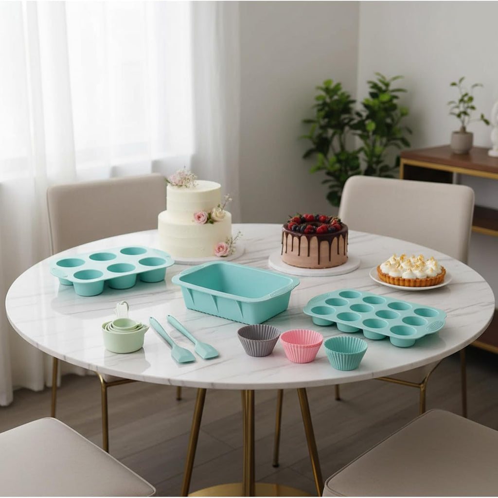 Skiennix 25 PCS Silicone Baking Pans Set - Nonstick Bakeware with Round/Square Cake Pans & Muffin Cups