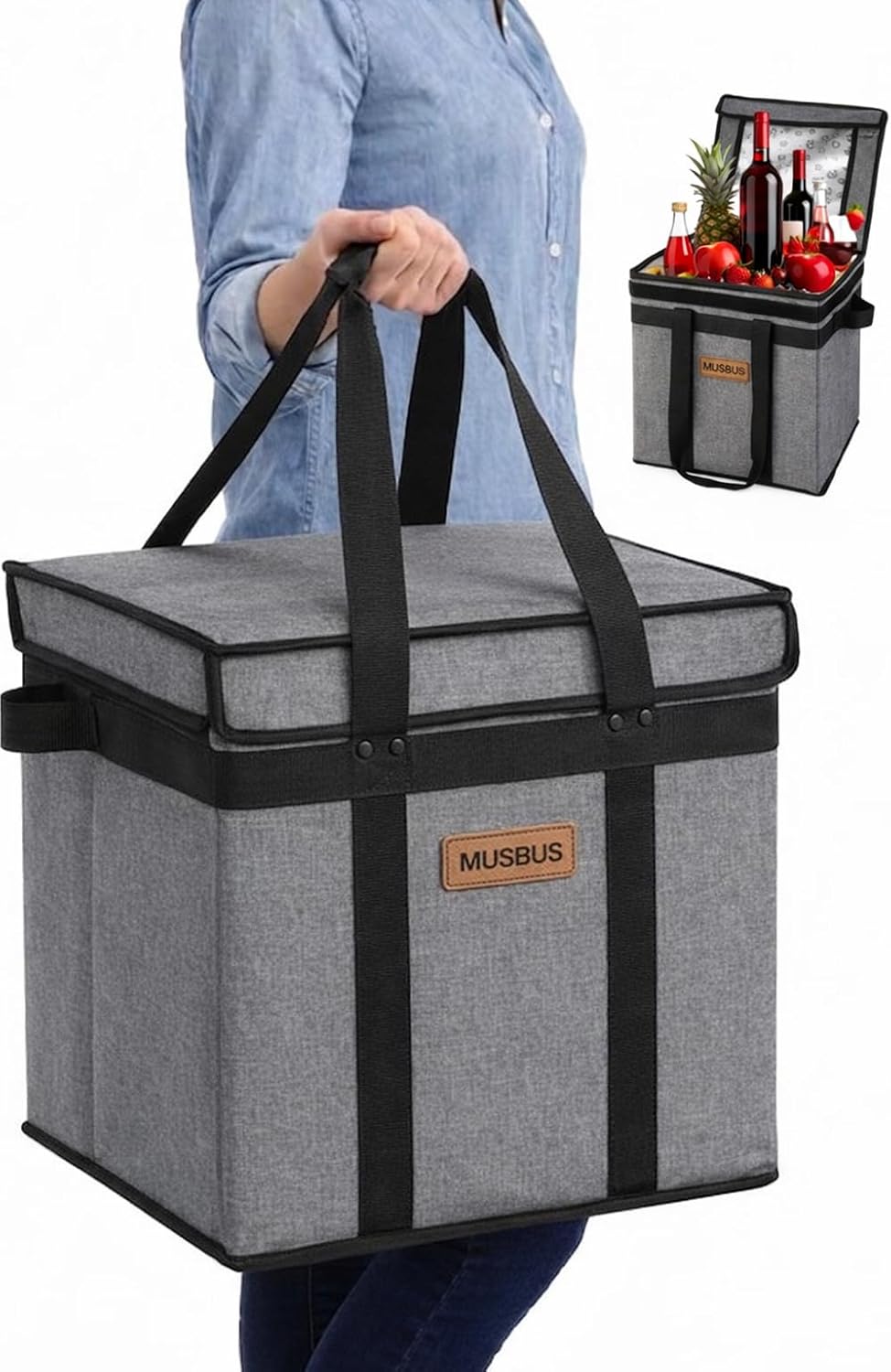 Musbus Insulated Grocery Tote Bag - Reusable, Foldable Cooler with Lid, 30L Capacity, Water-Resistant