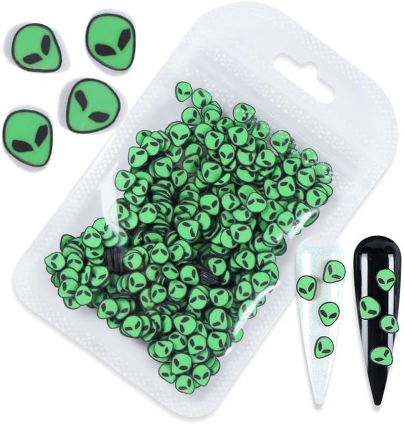 3D Green Alien Nail Art Charms Polymer Clay Slices for Halloween DIY