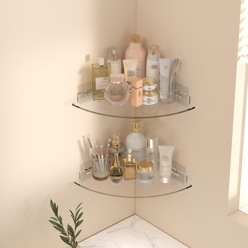 Acrylic Corner Shower Caddy Shelf 2 Pack - Wall Mounted Bathroom Shelves for Glass/Tile/Smooth Walls, Space Saving Storage Organizer for Shower, Kitchen, Bedroom & Toilet Corner
