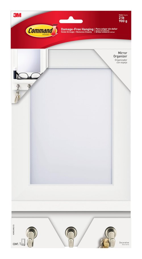 Command Mirror Organizer with 3 Key Hooks and Small Ledge, Holds up to 2 lb, Quartz, Removable Wall Mirror for Entryway or Hallway, Perfect for On-The-go Items