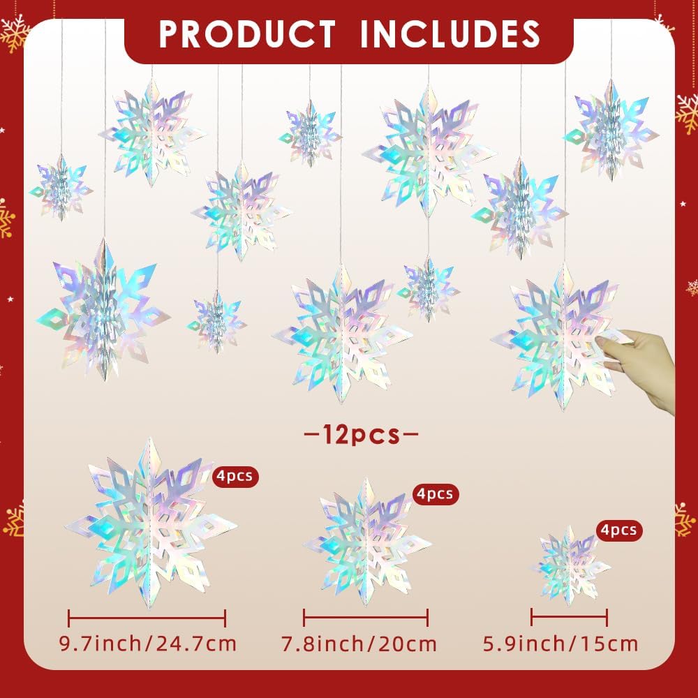 Skiennix 12PCS 3D Hanging Snowflake Decorations - Glitter Holographic Silver Ornaments for Winter Wonderland Holiday Decor