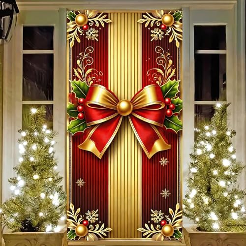 Christmas Door Cover Red Gold Gift Box Seasonal Decor - 35x71 Inch - Variation of Christmas Gift Box