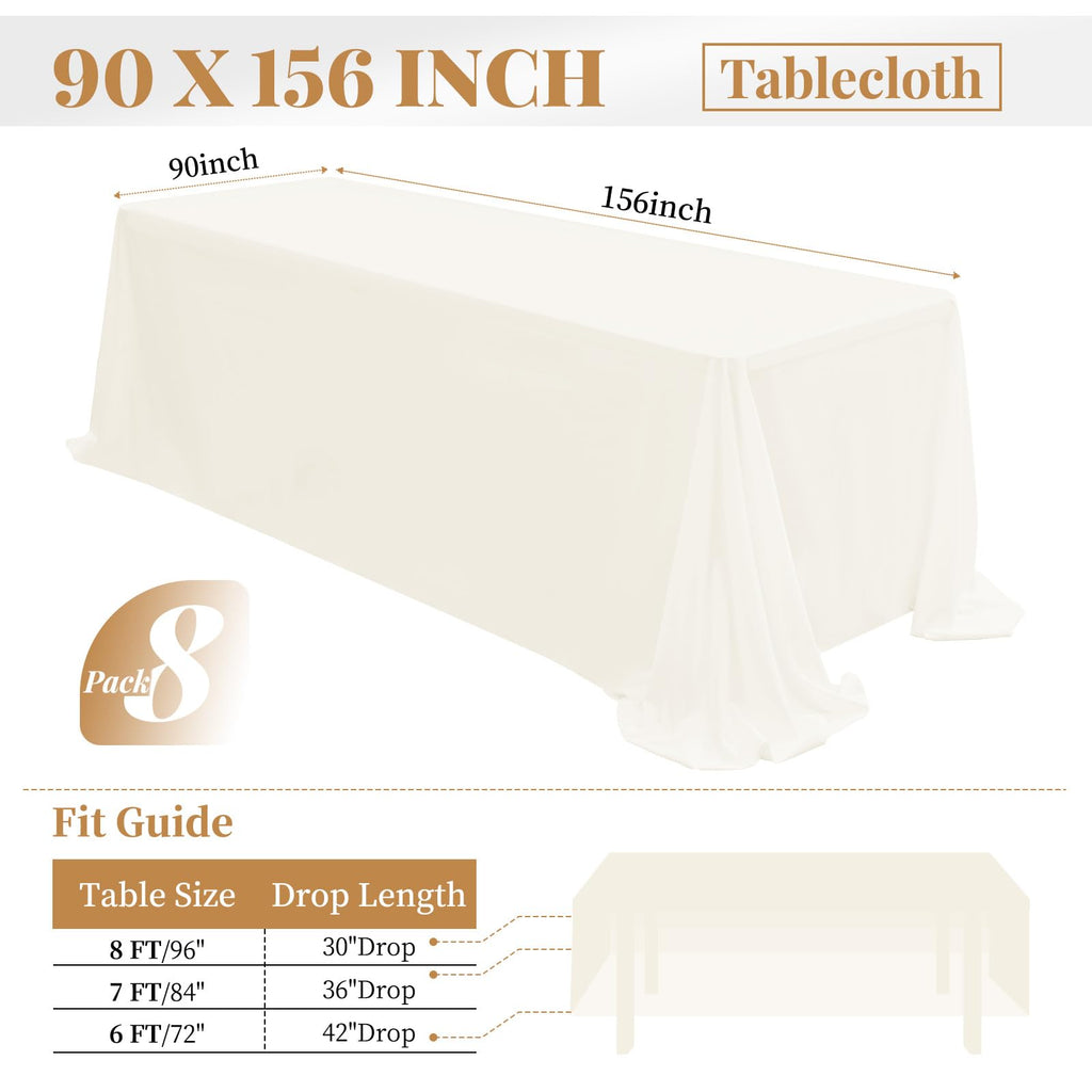 fani 8 Packs Tablecloth 90 x 156 Inch, Ivory Polyester Table-Cloth for 8ft Rectangle Tables, Stain and Wrinkle Resistant Washable Fabric Table Cover for Wedding Banquets Parties Buffet Dining