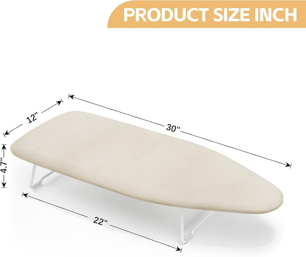Skiennix Compact Ironing Board - Heat Resistant Cover & Metal Mesh Frame | 12x30 Inches, Cream White