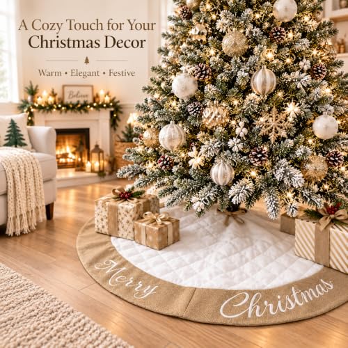 48-Inch White Quilted Cotton Christmas Tree Skirt with Burlap Decor