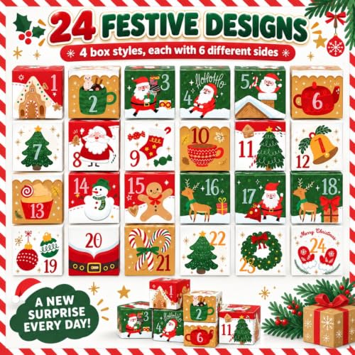 LIHAO Christmas Advent Calendar Boxes - 24 Fillable Countdown Gift Sets, Design 2