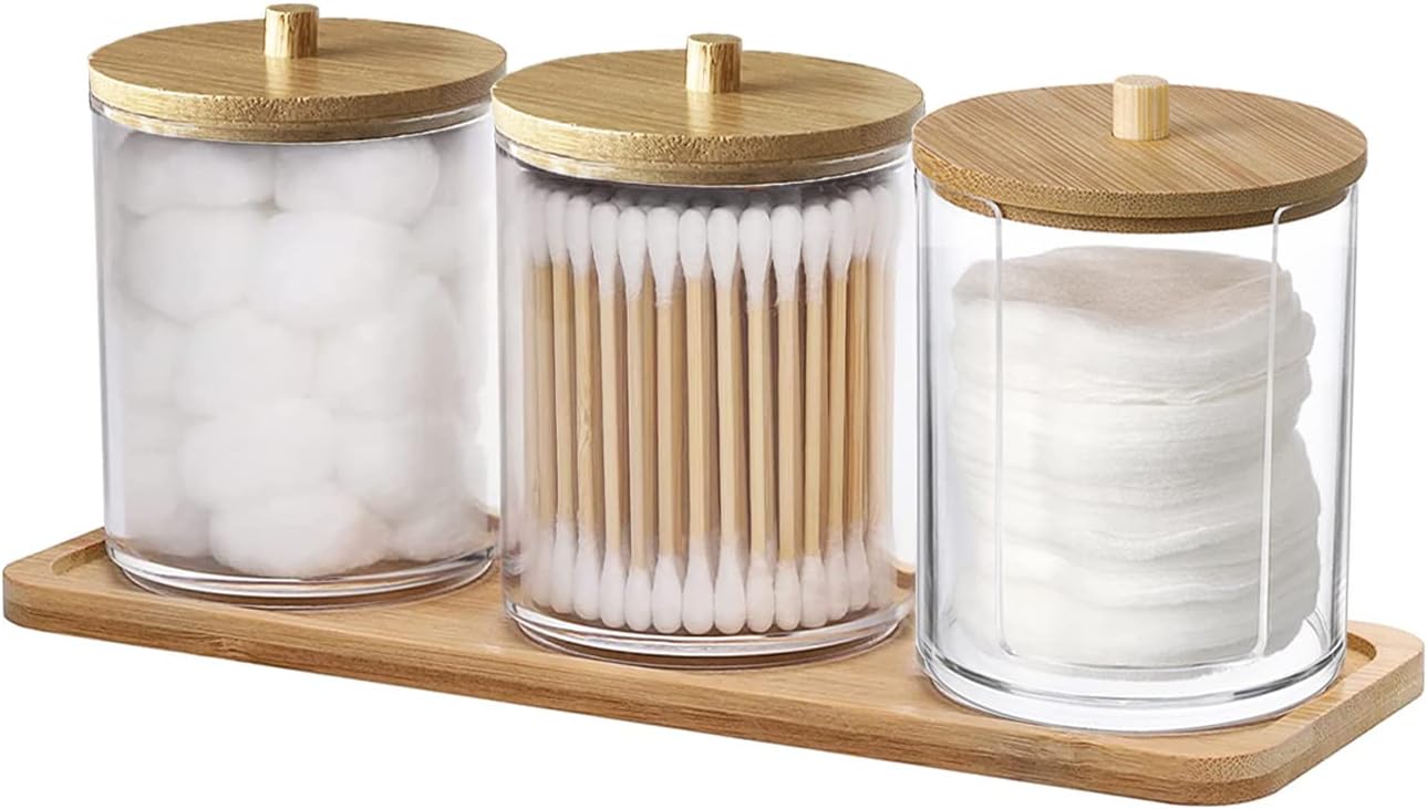 Qtip Holder Dispenser by [Brand Name] - Bamboo Lid Vanity Tray & 10 oz Clear Plastic Jar for Makeup Storage | Bathroom Accessory Set for Cotton Swabs, Balls, Pads, Floss