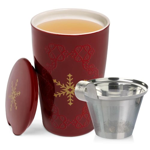 Tea Forte Double-Walled Ceramic Kati Cup, Removable Stainless Steel Infuser Basket and Lid, Steeps 12 oz Loose Leaf Tea, Dishwasher & Microwave Safe, Warming Joy