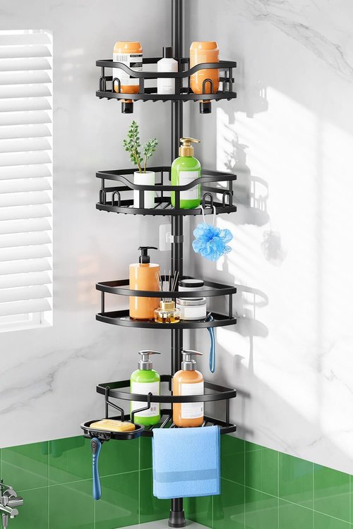 HAMITOR Shower Caddy - Rustproof Tension Pole Bathroom Organizer | 4-Tier Storage Rack, 47-121 Inch, Black