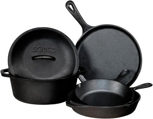Lodge Cast Iron Cookware Set - Pre-Seasoned Skillets, Griddle & Dutch Oven - 5-Piece PFAS-Free Kitchen Essential
