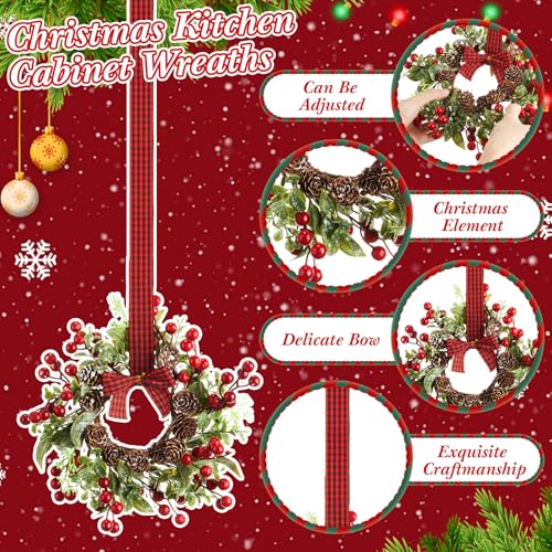 Christmas Wreaths Set - 18 Mini Faux Green Wreaths with Plaid Bows & Bells, Indoor Decor
