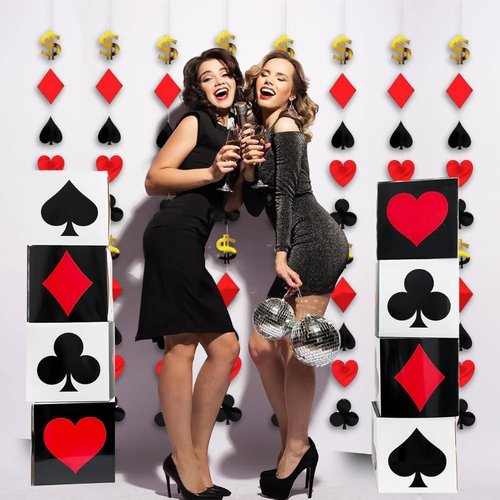 Amscan Casino Foil String Decorations - 7' (Pack of 6) - Red, Black, & Gold Casino Party Icons - Perfect for Game Night, Vegas-Themed Events, and More