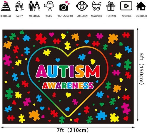 Colorful Autism Awareness Backdrop by [Brand Name] - Picture Puzzle Design | 7x5 FT Photo Prop