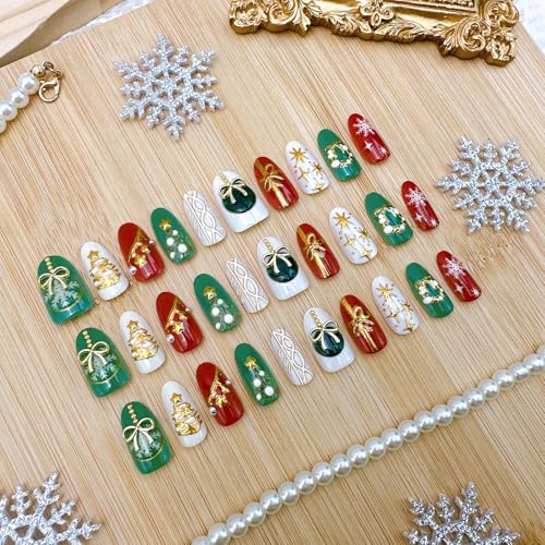 Christmas Press on Nails Medium Almond Fake Nails 3D Holiday Designs