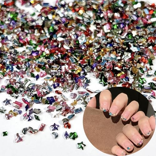 3000Pcs Colorful Nail Rhinestones 3D Heart Star Crystal Gems Flat Back