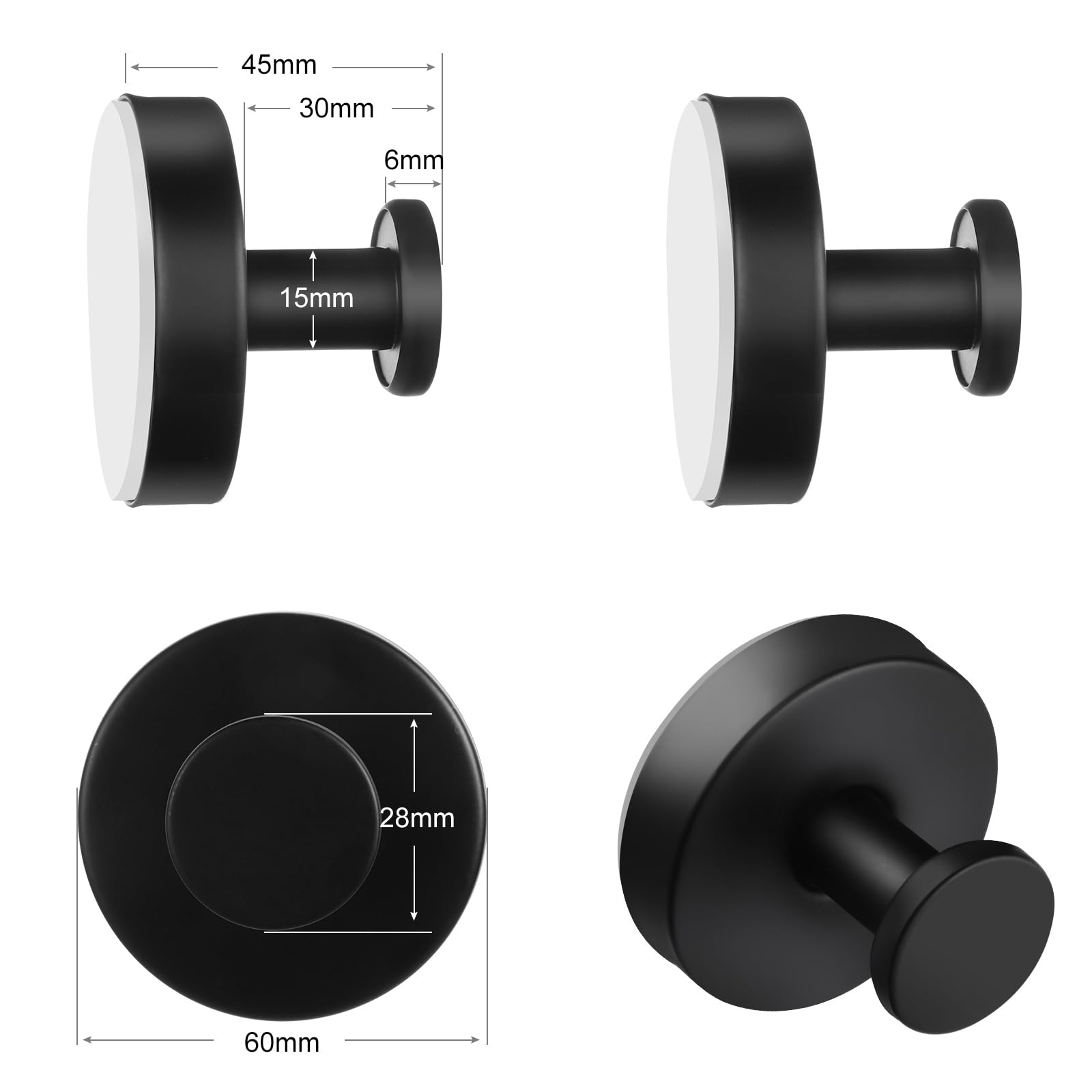 Suction Cup Hooks for Bathroom Kitchen, 2 Pack Stainless Steel Suction Hooks for Shower No Drilling Damage Free Towel Hook Holders Reusable Removable for Hanging Towels, Loofah, Robe, Coat(Black)