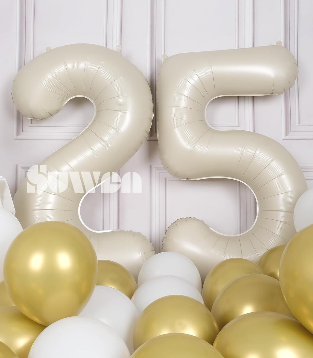 SUWEN Jumbo 25th Birthday Number Balloons - 40 Inch Cream White Foil Helium 0-9 Decorations