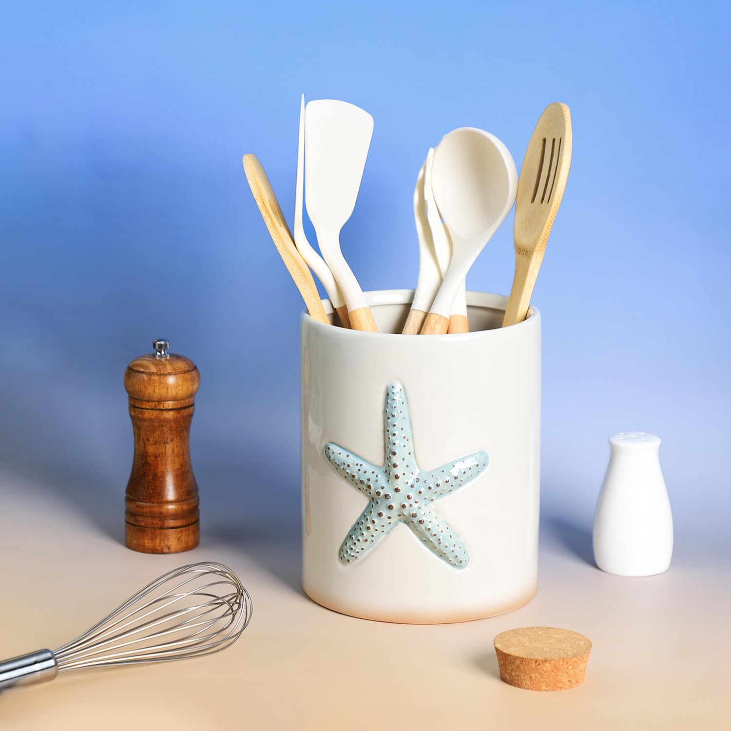 Bicuzat Ceramic Starfish Embossed Utensil Holder, Large Cooking Utensil Crocks for Countertop, Ocean Style Utensil Organizer for Spatula