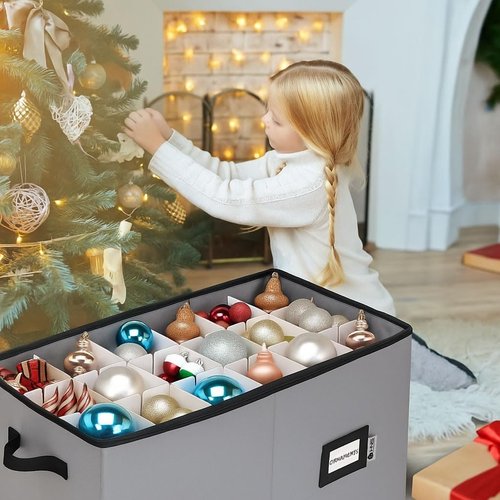 Christmas Ornament Storage Container - Large Zippered Organizer Bin with Dividers for 54 Ornaments | Adjustable Grey Design