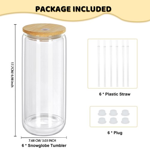 Maucircol 20 Oz Snow Globe Tumbler, 6 Pack Pre-Drilled Sublimation Glass Cup For Glitter Snow Globe Diy, Double Wall Sublimation Glass Tumbler