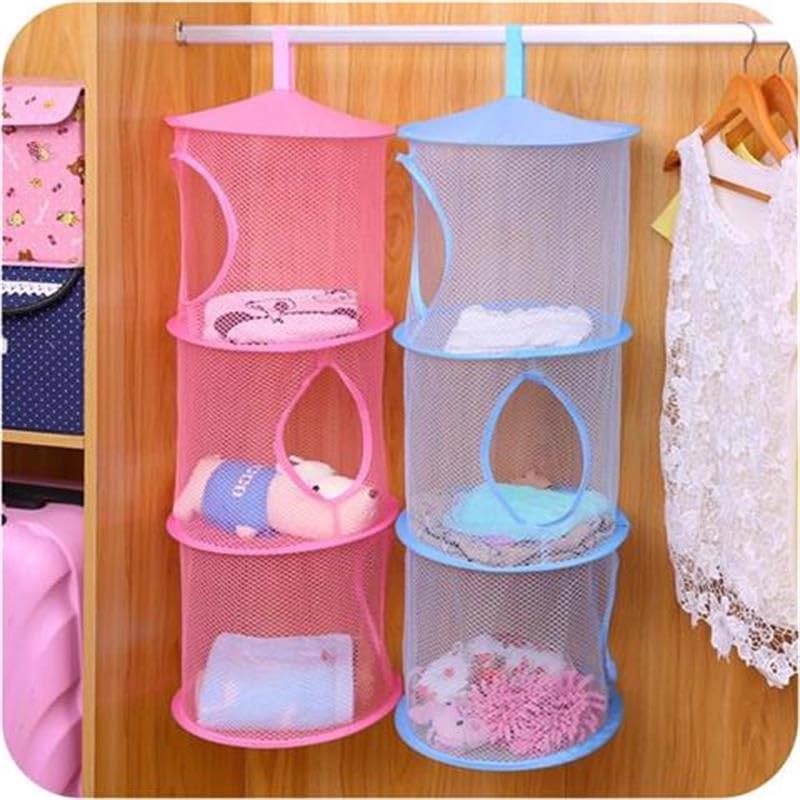 3-Tier Hanging Mesh Closet Organizer - Foldable Storage for Toys & Clothes