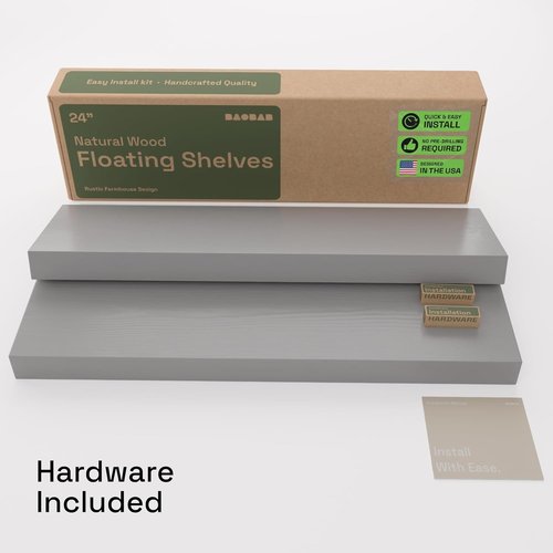 BAOBAB WORKSHOP Wood Floating Shelves - Rustic 24-Inch Grey Wall Shelves for Bathroom & Living Room | Set of 2