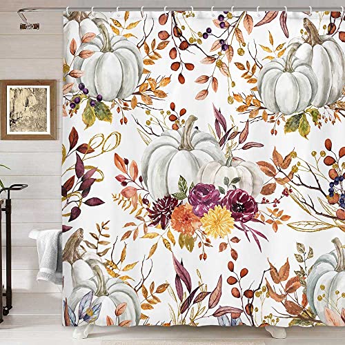 Boho Fall Pumpkin Shower Curtain, Rustic Floral Farmhouse Bath Decor 70x70
