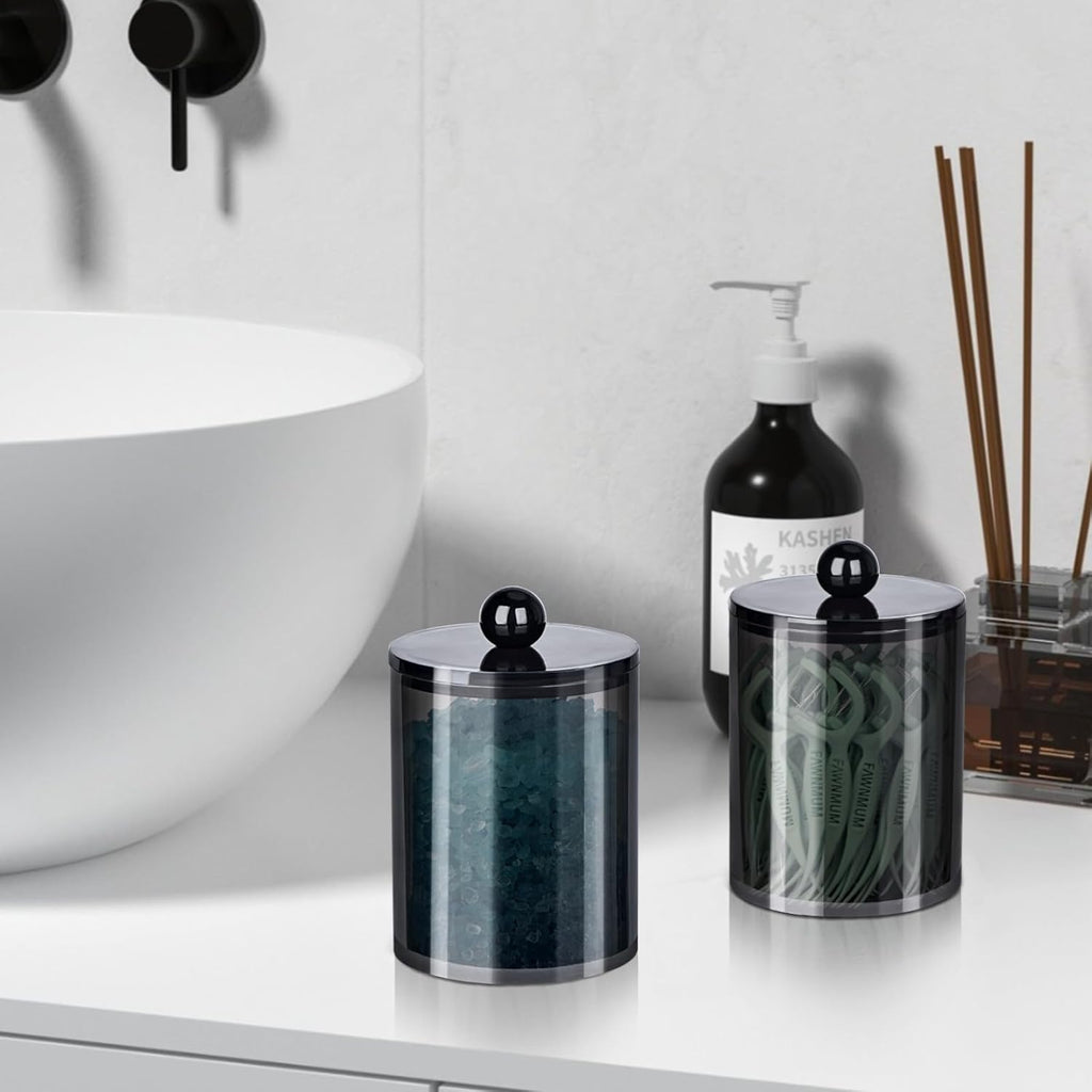 XIPENGKEJI Qtip Holder Canister Set - 2+4 Pack Bathroom Jars with Lids for Cotton Swabs & Pads | Black 10oz-12oz