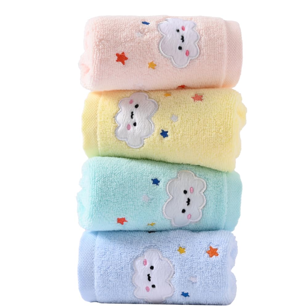 sense gnosis 100% Cotton Cloud Kids Facial Towels, Fingertip Towels for Bathroom Towel Set Star Embroidered Children Towels & Baby Washcloths, 10 x 20 inches(4 Pack in 4 Color)