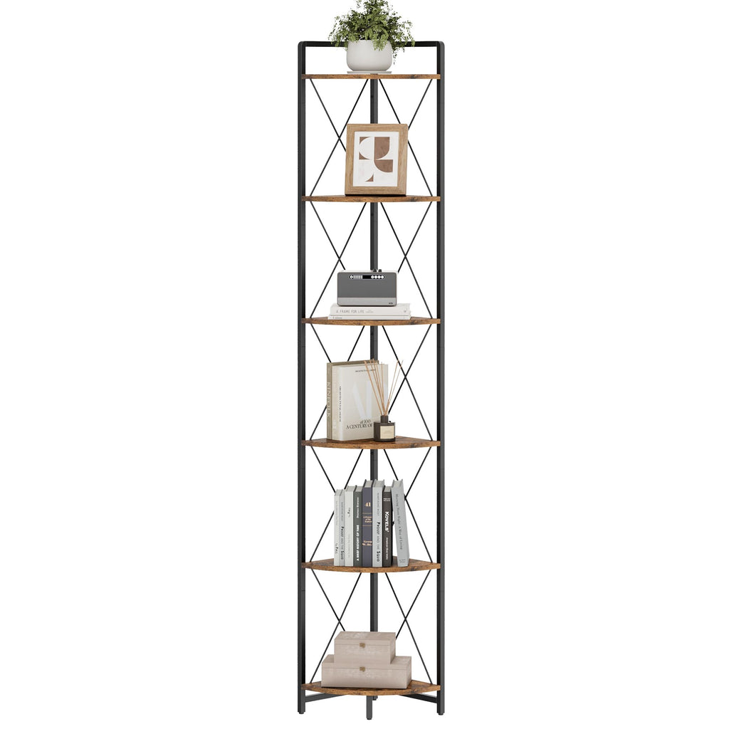 Cerlyunzan 6 Tier Corner Shelf Stand, 78" H Tall Industrial Corner Bookshelf for Living Room Decor, Metal Corner Shelf, Plant Stand Display Shelf for Bedroom, Bathroom, Small Space, Rustic Brown