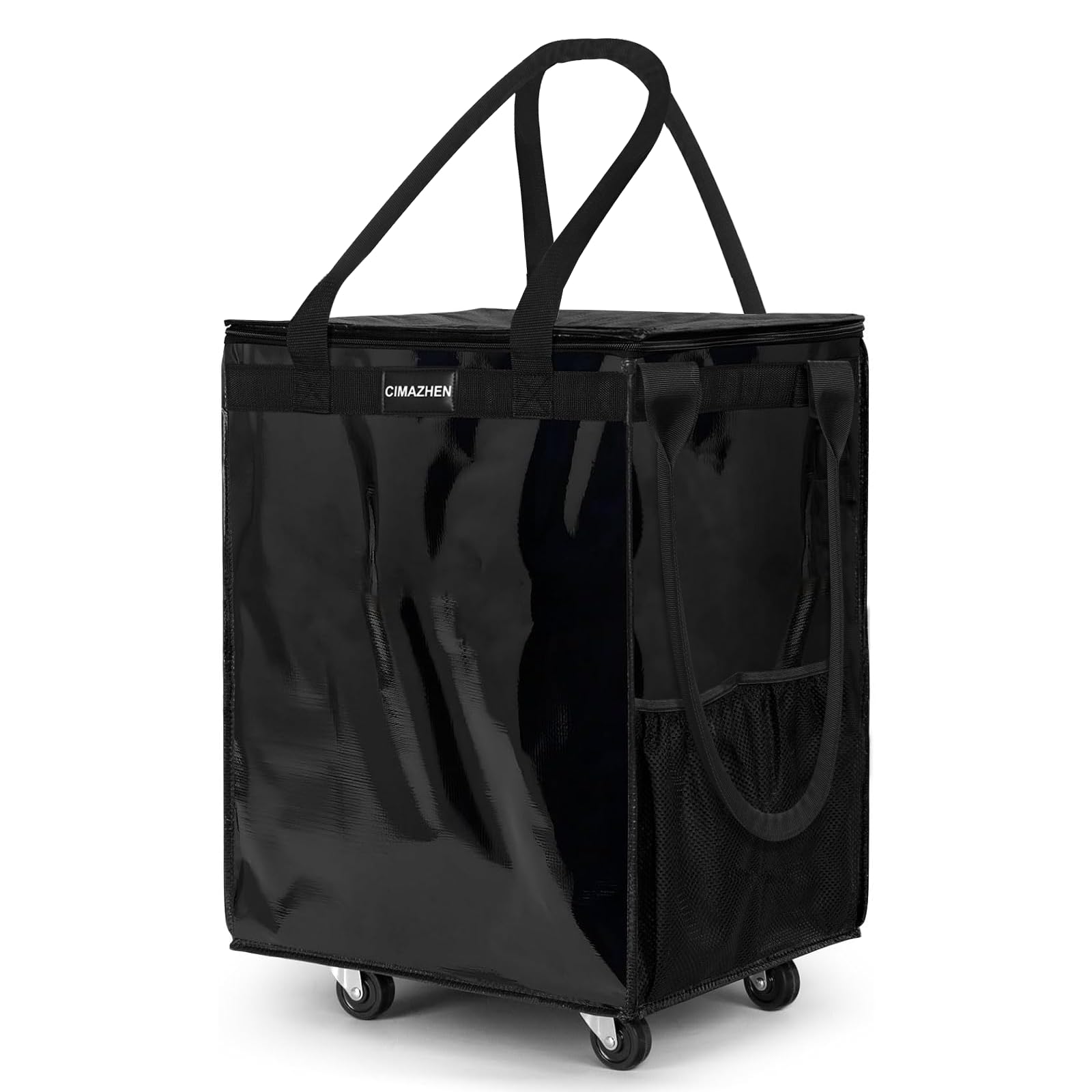 CIMAZHEN (Medium,Black) Reusable Grocery Bag on 4 Wheels, Foldable Rolling Tote Bag with 3 Handles and Zipper, Storage Organizer for Groceries, Rolling Shopping Cart for Travel, 76lb