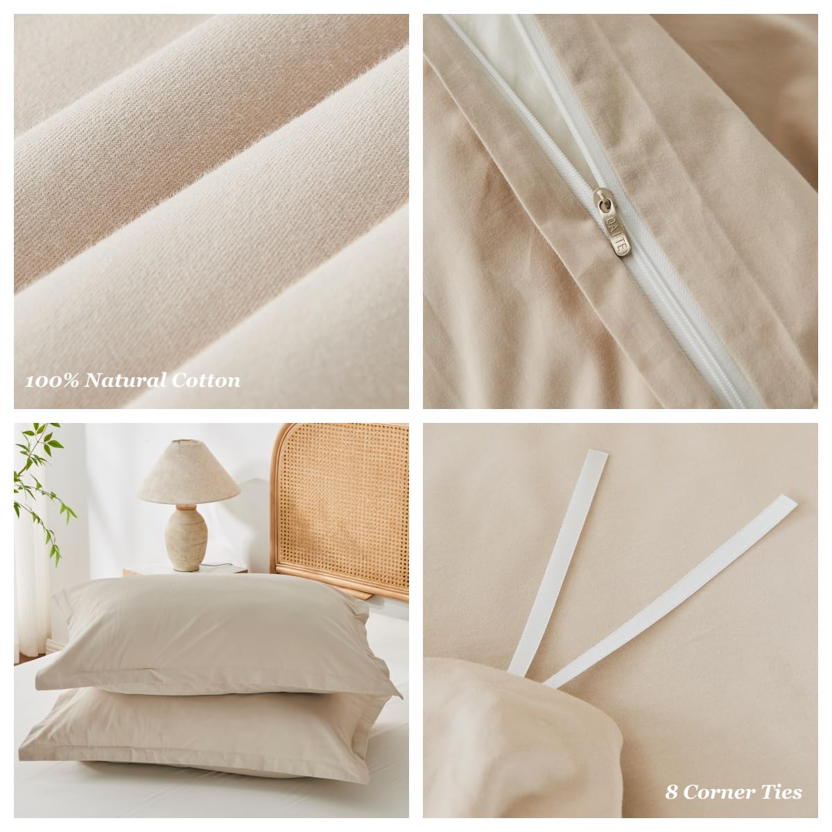 OAITE 100% Washed Cotton Duvet Cover Queen Size Soft Breathable Durable Bedding with Zipper Closure & 8 Corner Ties- 3 Pieces Plain Simple Duvet Cover Set,2 Pillow Shams,1 Duvet Cover(90"x90")