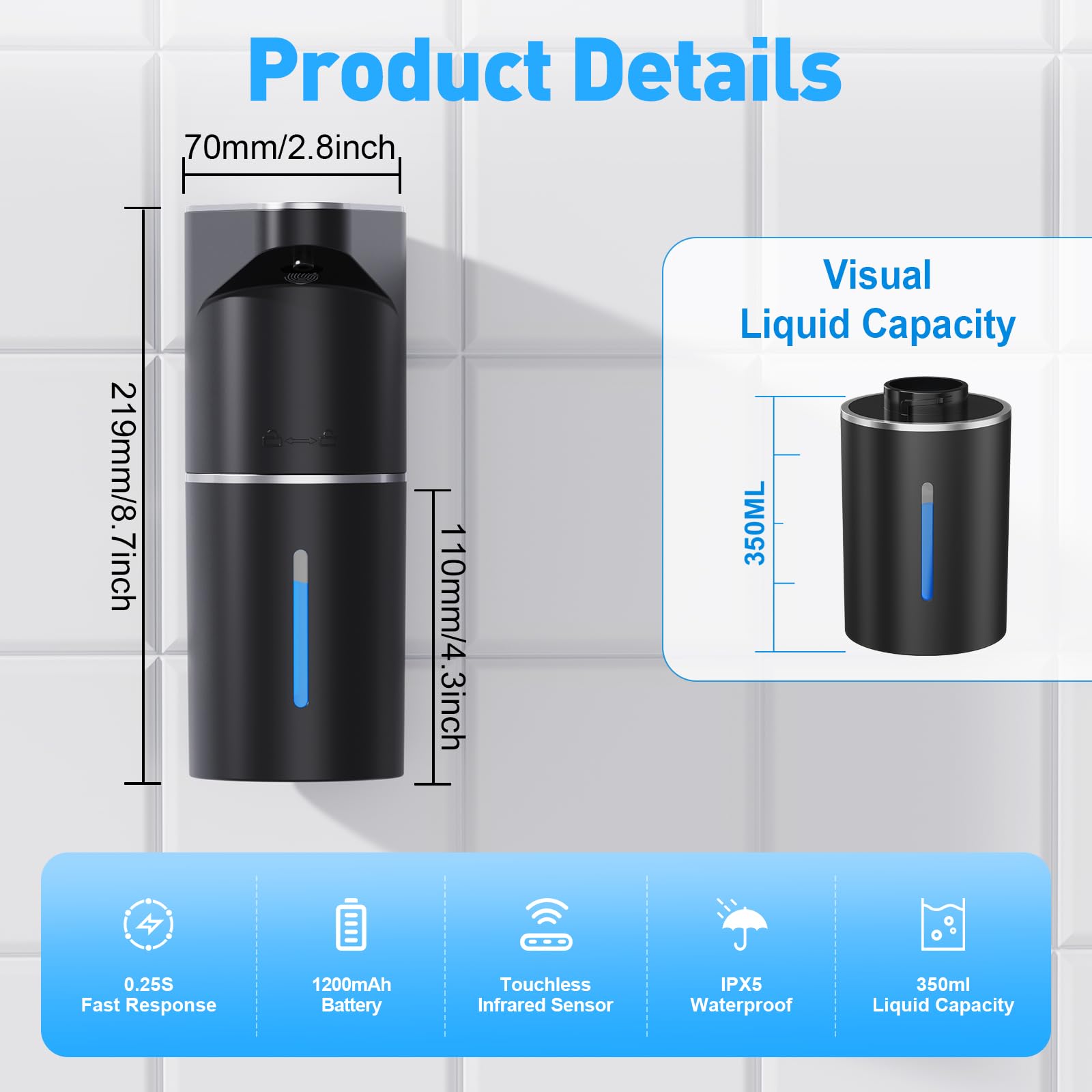 Fantictas Automatic Soap Dispenser,Touchless Hand Wall Mount Rechargeable 3 Gear Adjustable Electric Soap Dispenser 350ml with Infrared Motion Sensor for Bathroom,Kitchen,Office, Black Foam