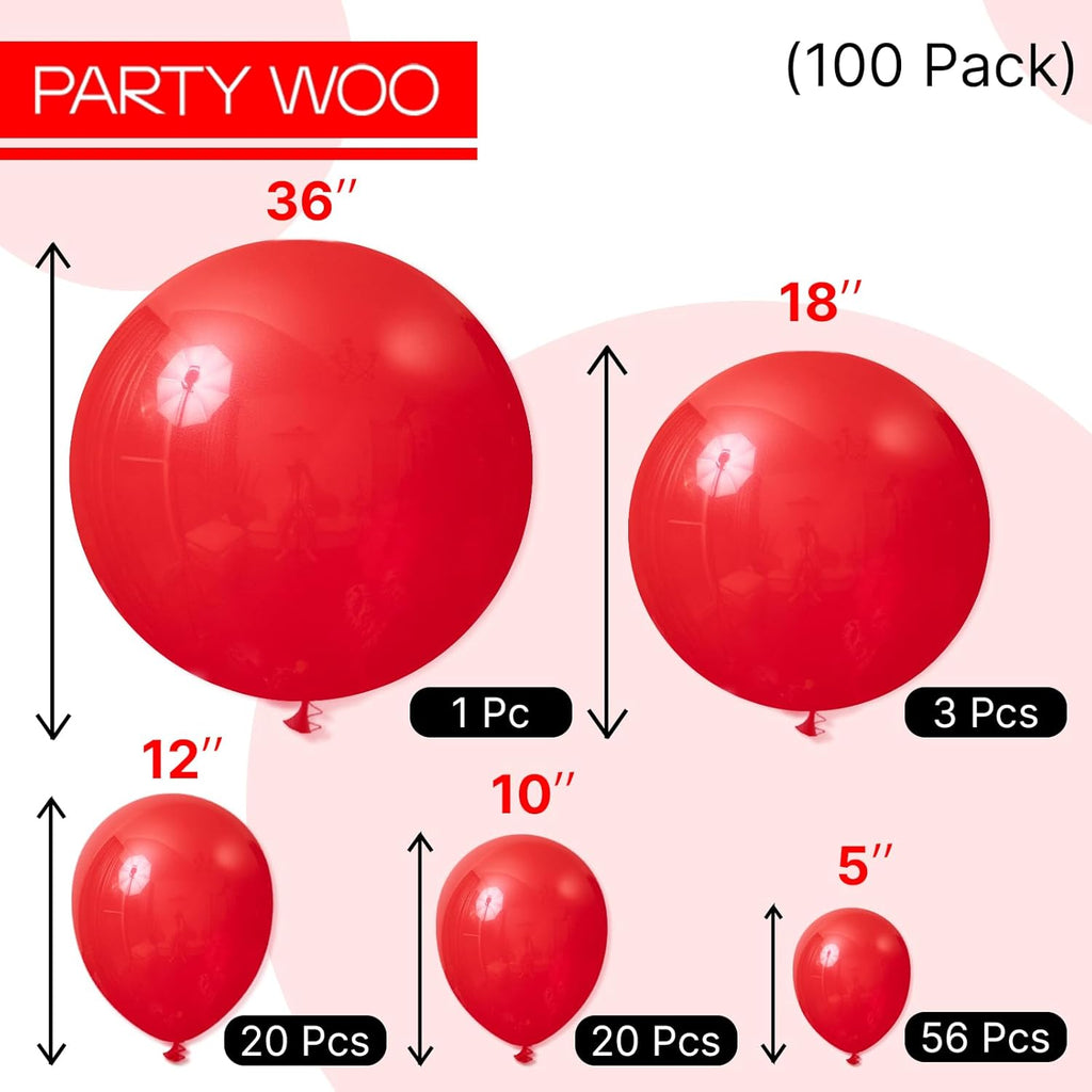 PartyWoo Red Balloons - 100 Pcs Matte Latex Balloons in Various Sizes for Party Decor | Perfect for Garlands & Arches